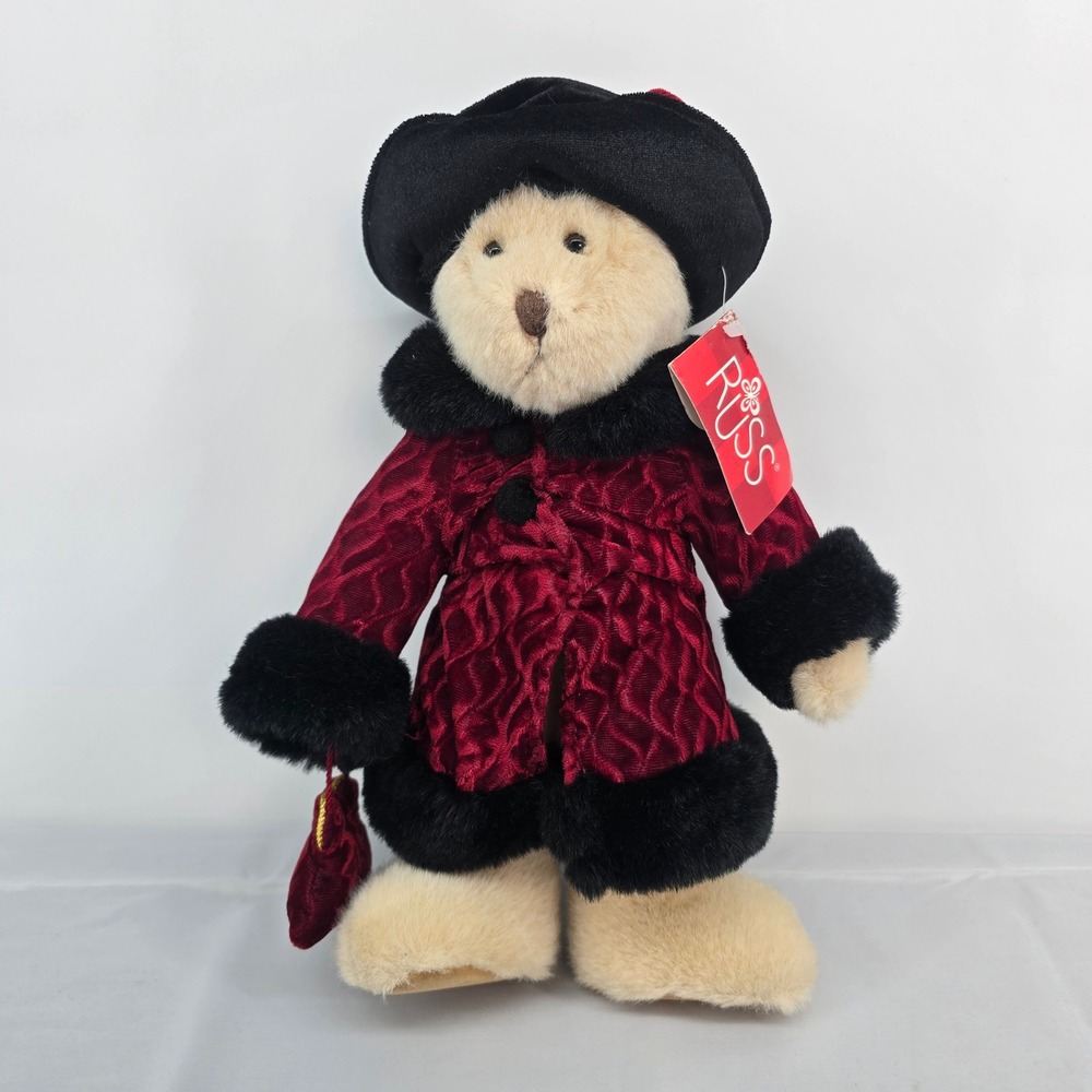 Russ Berrie Katarina Teddy Bear Plush Burgundy Velvet Coat Black Faux Fur Hat 12